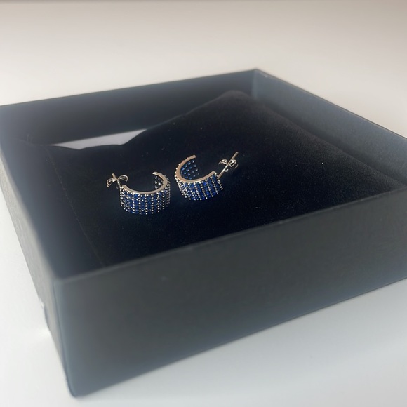 Macy’s Silver Half Hoop Blue Gemstone Earrings - Picture 2 of 8